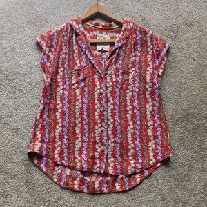 Anthropologie Conversations Red Floral Cap Short Sleeve Top Size Small